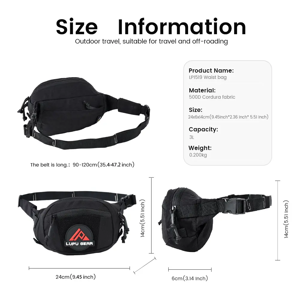 LUPU-500D-Cordura-Black-Tactical-Waist-Pack-LP1519-Size-Chart LUPU 500D Cordura Black Tactical Waist Pack LP1519 Size Chart