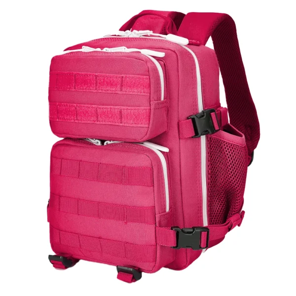 Angled side view of the LUPU 12L small rose red tactical gym backpack (HY8095), featuring durable Oxford construction, integrated MOLLE webbing, and side mesh pockets for water bottles.