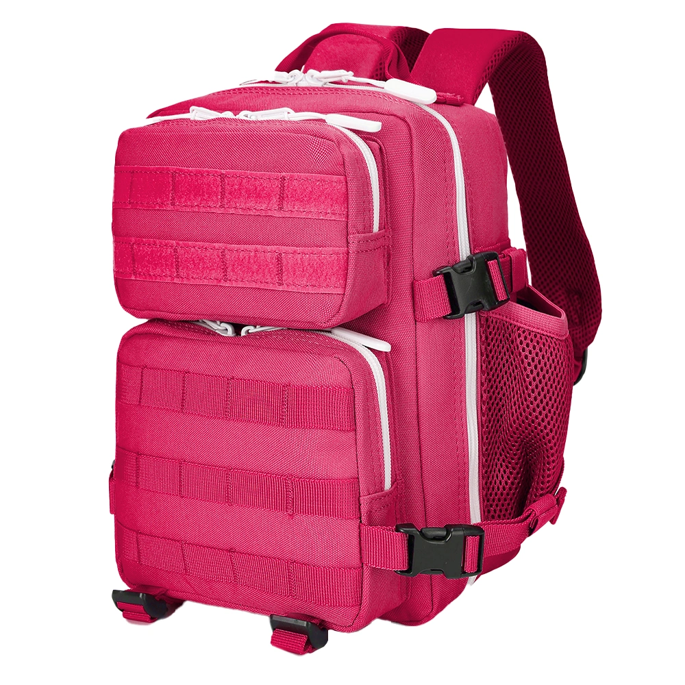 Angled side view of the LUPU 12L small rose red tactical gym backpack (HY8095), featuring durable Oxford construction, integrated MOLLE webbing, and side mesh pockets for water bottles.