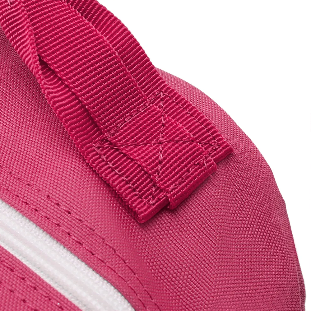 A close-up macro of the rose red reinforced bartack stitching on the durable Oxford fabric webbing of the LUPU 12L Small MOLLE Gym Backpack (HY8095), demonstrating maximum seam strength and durability.