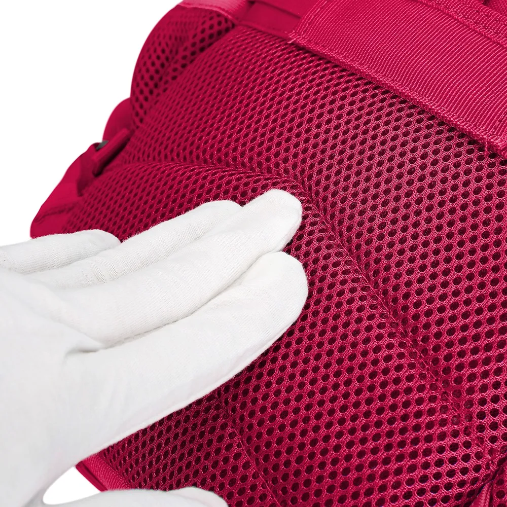 Detailed back view of the LUPU 12L Rose Red Small Gym Backpack (HY8095), showcasing the ergonomic back panel with padded mesh, breathable design, adjustable shoulder straps, and lumbar support for comfort.