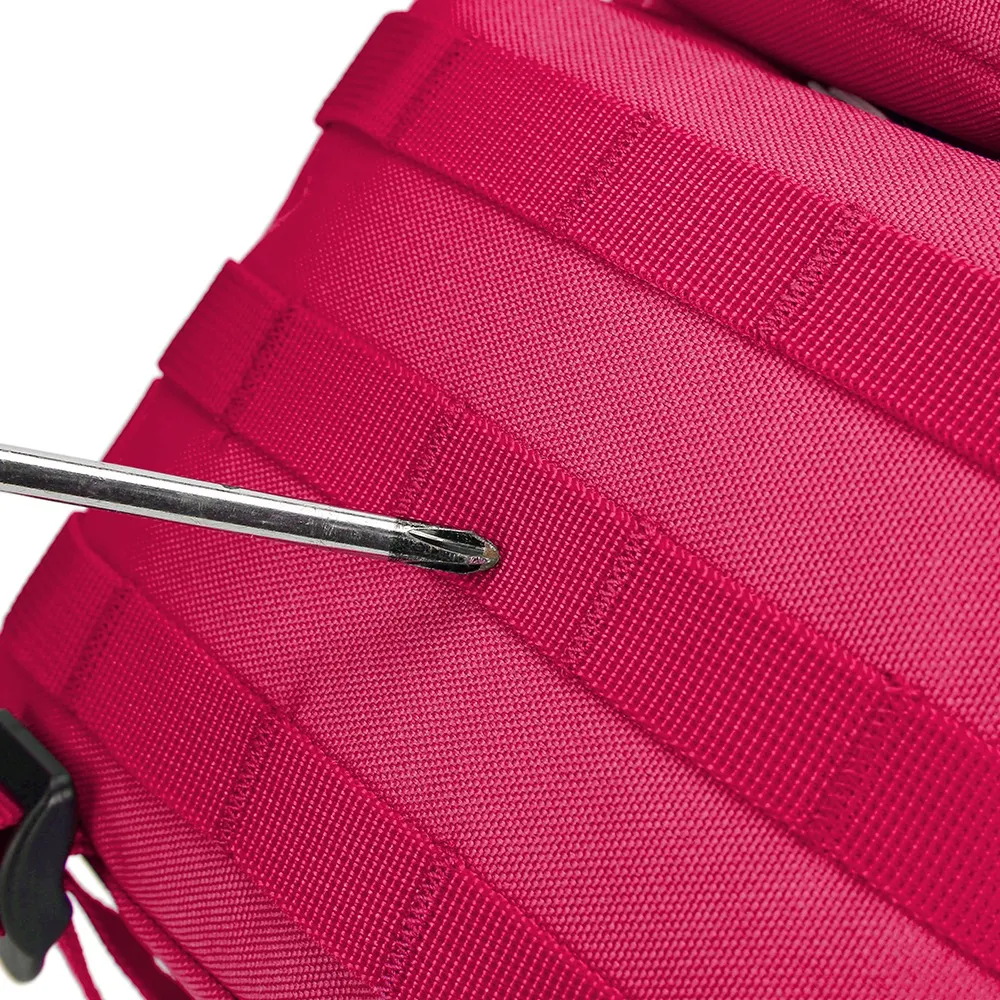 Close-up of the integrated MOLLE webbing system on the LUPU 12L small rose red gym backpack (HY8095), showcasing modular attachment points and reinforced bartack stitching for gear customization.