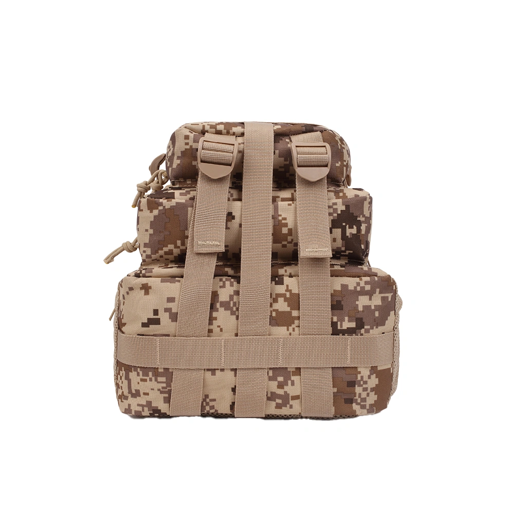 LUPU BL020 3P tactical backpack bottom view, highlighting the rugged construction featuring three adjustable fastening straps and integrated MOLLE webbing for secure gear attachment and stability.