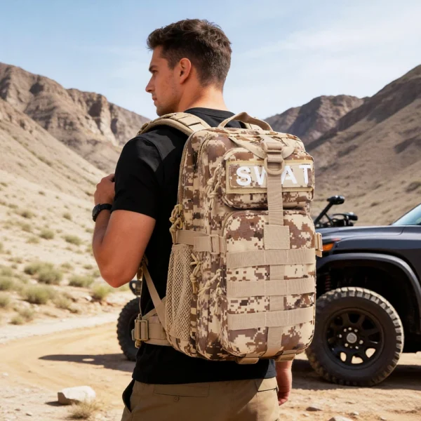 LUPU BL020 3P tactical backpack in a professional model showcase, demonstrating ergonomic fit, load-bearing stability, and functional accessibility for real-world tactical and outdoor use.
