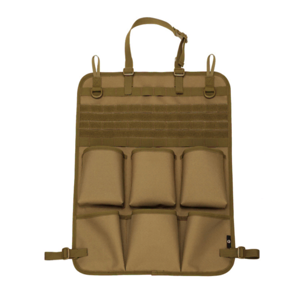 LUPU Tactical Car Seat Organizer LP5110 front view, showing a heavy-duty 600D water-repellent fabric vehicle seat back storage panel with MOLLE webbing for modular gear attachment and quick-access utility pouches.