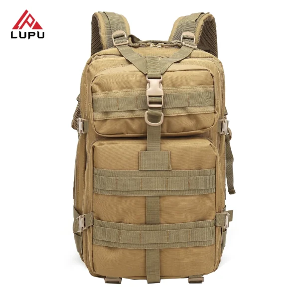 Front view of the LUPU water-repellent 3P MOLLE tactical backpack 45L (model BL047), featuring a durable design with modular MOLLE webbing for gear attachment and multi-compartment storage for outdoor and tactical use