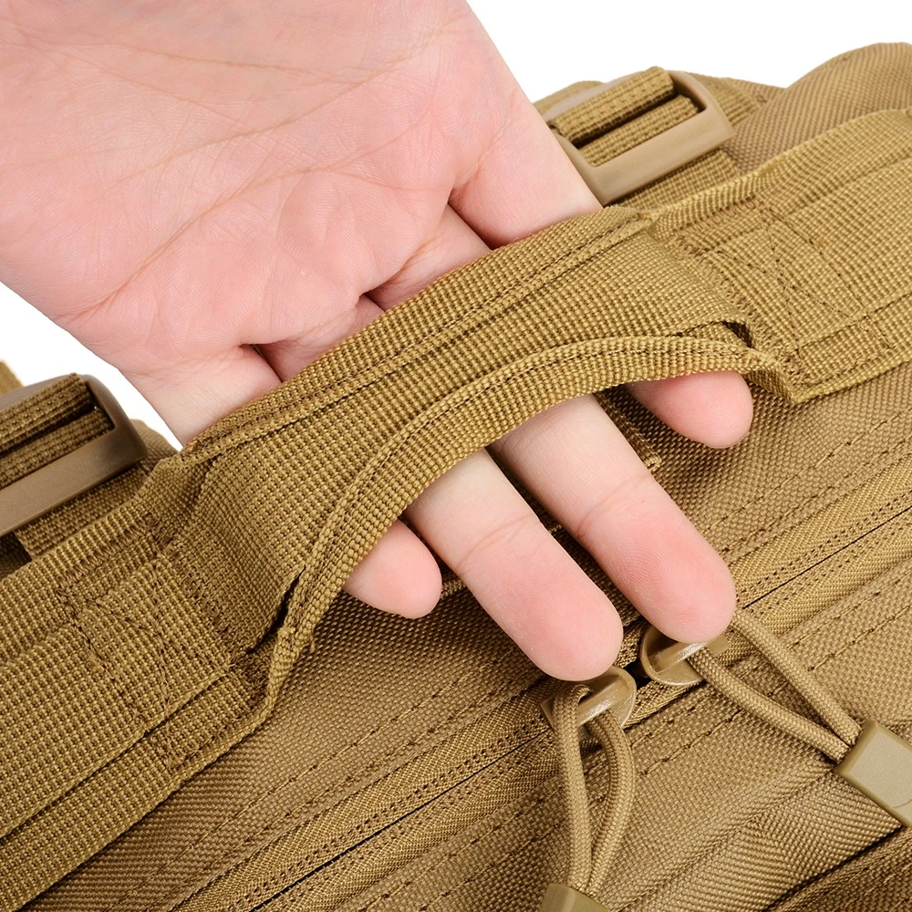 Close-up of the heavy-duty reinforced top drag handle on LUPU LP1394-1 EDC assault pack, built for rugged tactical use and OEM factory sourcing