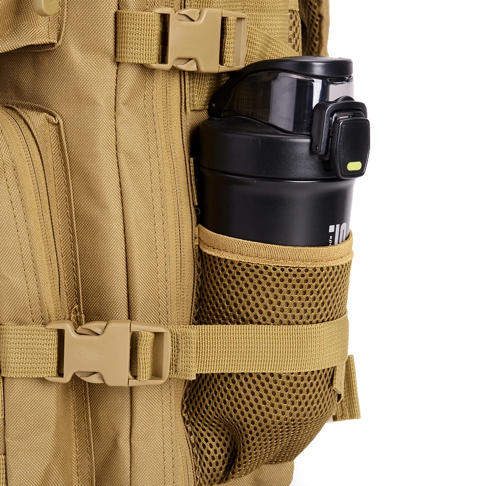 Side elastic mesh water bottle pocket on LUPU LP1394-1 EDC assault pack, showing high-density knit mesh construction for tactical gear wholesale.