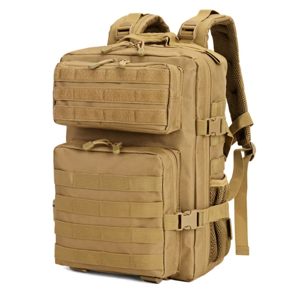 Angled quarter view of LUPU LP1394-1 tactical EDC assault pack, showcasing the heavy-duty MOLLE side webbing and compact 36L profile for bulk wholesale.