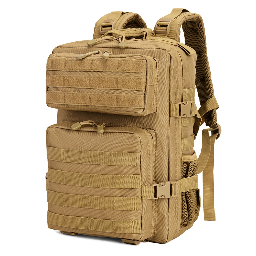 Angled quarter view of LUPU LP1394-1 tactical EDC assault pack, showcasing the heavy-duty MOLLE side webbing and compact 36L profile for bulk wholesale.