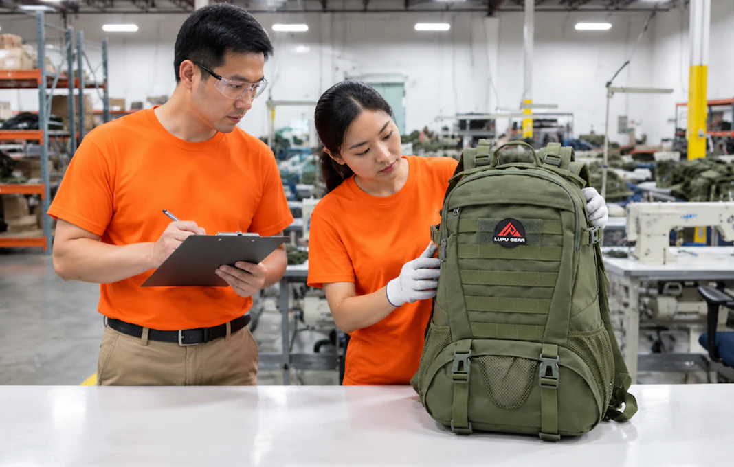 Quality inspector conducts quality checks on tactical backpacks